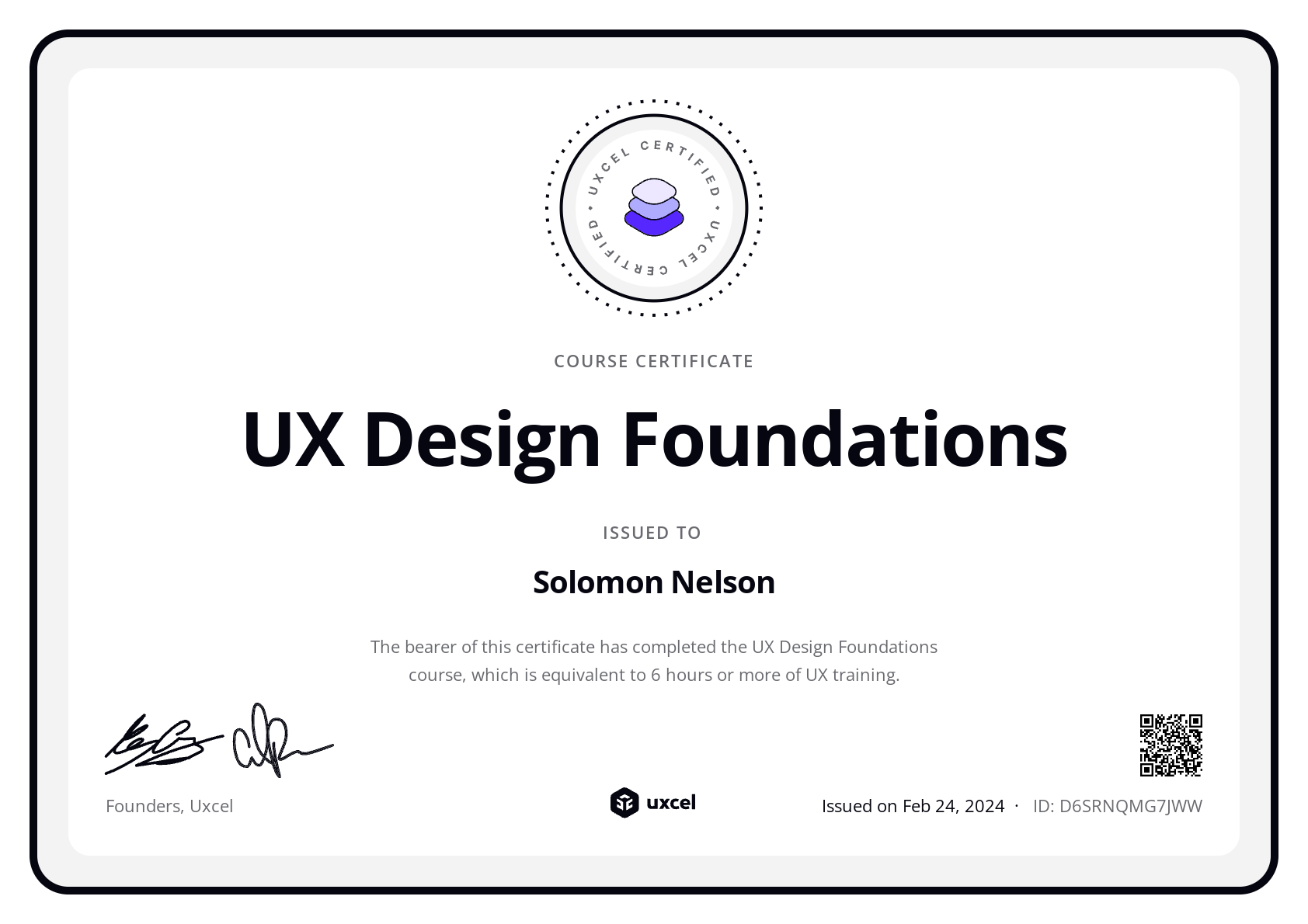 Solomon Nelson's certificate